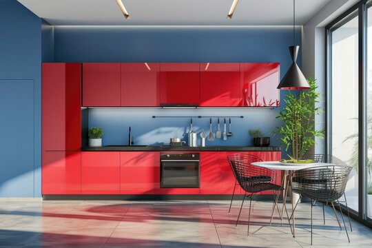 Modern red kitchen interior with furniture, kitchen interior with blue walls