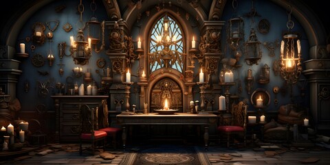 3D rendering of a fantasy castle with a large window and candles