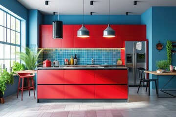 Modern red kitchen interior with furniture, kitchen interior with blue walls