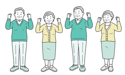 両手でガッツポーズをする高齢者小太り男女