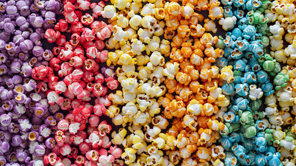 Colorful popcorn background, multicolored pattern, top view