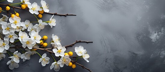 A close-up view of a branch adorned with delicate white and yellow flowers against a gray background. The flowers are in full bloom, showcasing their intricate details and vibrant colors.