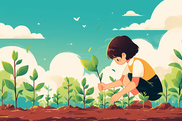 Children's illustration of planting trees on Arbor Day, green environmental protection and greening earth concept scene illustration