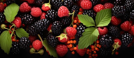 A cluster of ripe blackberries and raspberries with green leaves, showcasing their juicy and...