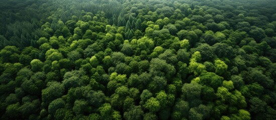 An aerial perspective showcasing a dense forest filled with towering trees and abundant foliage,...