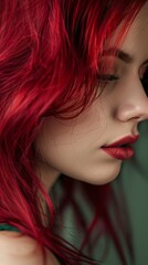 Close-up of a woman with red colored hair in a style of versatility and ease of maintenance. Attractive hair style in red color in modern and elegant trend.