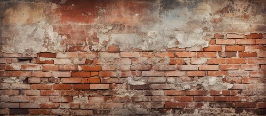 An old vintage brick wall with cracked concrete forms the background of the image. The bricks show signs of wear and tear, with peeling paint adding to the weathered appearance. - obrazy, fototapety, plakaty