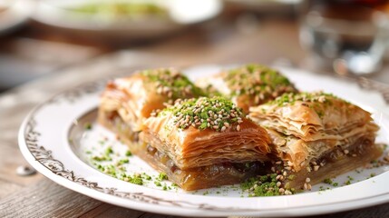 Baklava: Flaky pastry filled with chopped nuts and sweetened with syrup.Ramadan Desserts.