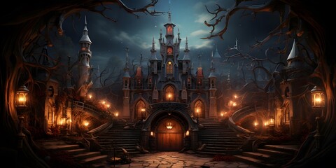 Illustration of a fantasy castle at night with lights. 3d rendering