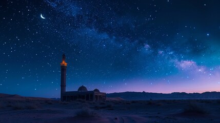 The silhouette of a grand mosque stands against the mesmerizing backdrop of a galaxy, highlighting the harmony between spirituality and the cosmos.