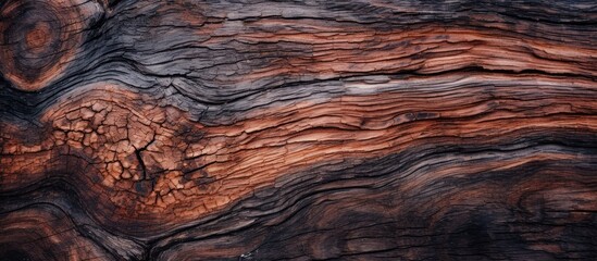 This close-up view showcases the intricate details and textures of a tree trunk. The burnt wood...