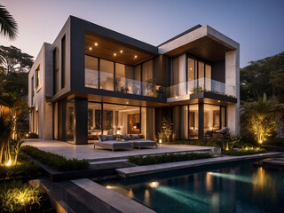 Elegance Aglow, Luxurious Modern House Exterior Illuminated in Evening Splendor.