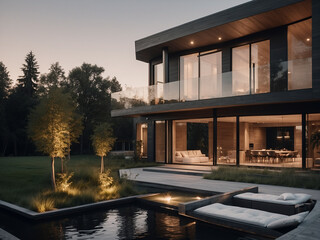 Fototapeta premium Urban Oasis, Evening Glow of a Modern Exterior House.