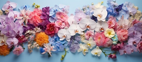A collection of flowers in different shades of white, violet, pink, and blue arranged on a wall with an orchid background.