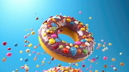Flying donut photo. Mixed colorful donuts
