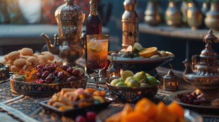 Drinks, and the variety of Ramadan foods is vast, reflecting the diverse cultures and traditions within the Muslim world - obrazy, fototapety, plakaty