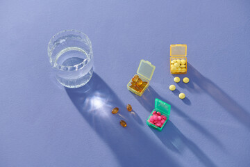 Medicine dose box and glass of water on table