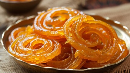Jalebi: Deep-fried pretzel-shaped sweet made from batter and dipped in syrup.Ramadan Desserts. - obrazy, fototapety, plakaty