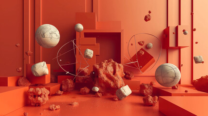 A room with a lot of red and orange objects, including a large cube