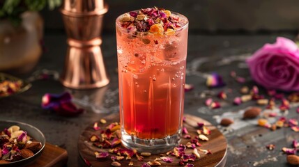 Jallab: A sweet, rose-flavored drink with nuts and dried fruit, popular in the Middle East.The variety of Ramadan foods reflecting the diverse cultures and traditions within the Muslim world. - obrazy, fototapety, plakaty
