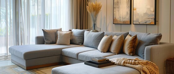 Comfortable living room with gray sofa and decorative soft pillows