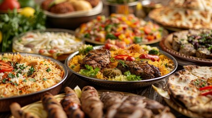 Main Courses food, and the variety of Ramadan foods is vast, reflecting the diverse cultures and traditions within the Muslim world - obrazy, fototapety, plakaty