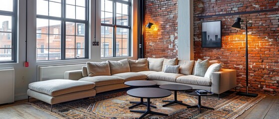 Comfortable sofa placed on rug near brick wall with lamps and black round tables in spacious room with windows in apartment designed in loft style