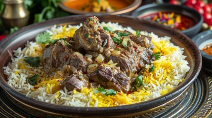 Mansaf: Jordanian dish of lamb cooked in yogurt sauce served on a bed of flatbread and rice.Ramadan foods. - obrazy, fototapety, plakaty
