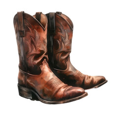 A pair of brown leather cowboy boots stands isolated on a white background