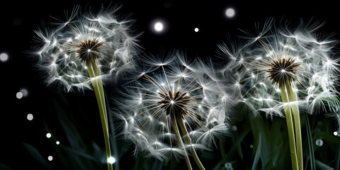 dandelion seed head, Macro dandelion blowing away dark black background freedom to wish, Dandelions blowing in the wind Generative AI