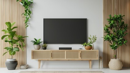 Luxury wall living room, modern flat television on brown wood panel wall, leather sofa, mid century style shelf in sunlight from window for interior design background, tv screen with decoration