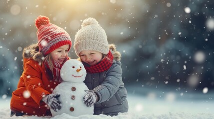 Kids building snow man playing outdoors on sunny snowy winter day. Outdoor family fun on Christmas vacation.