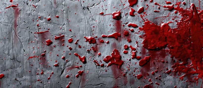 Red paint is splattered across a rough concrete wall, creating an abstract and grungy decorative pattern. The vibrant color contrasts sharply with the dull gray of the concrete surface.