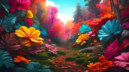 a fantasy background with large colorful flowers in a misty forest AI Generated