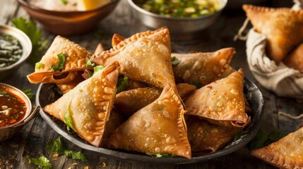 Samosas: Crispy fried or baked pastries filled with savory ingredients like potatoes, peas, and spices,South Asia,Ramadan foods. - obrazy, fototapety, plakaty
