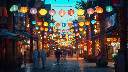A bustling night market alley comes alive with a magical atmosphere, created by vibrant, colorful lights that adorn the walkway, inviting exploration and discovery. - obrazy, fototapety, plakaty