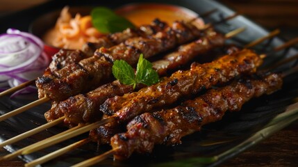 Satay: Skewers of marinated meat grilled over charcoal and served with peanut sauce.Ramadan foods.