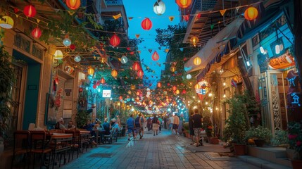 A bustling night market alley comes alive with a magical atmosphere, created by vibrant, colorful lights that adorn the walkway, inviting exploration and discovery.