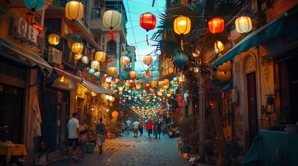A bustling night market alley comes alive with a magical atmosphere, created by vibrant, colorful lights that adorn the walkway, inviting exploration and discovery. - obrazy, fototapety, plakaty