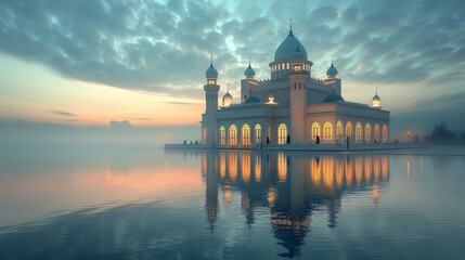 A tranquil evening falls upon a majestic mosque, its beauty enhanced by reflective courtyards and floating lanterns that cast a serene glow on the sacred architecture.
