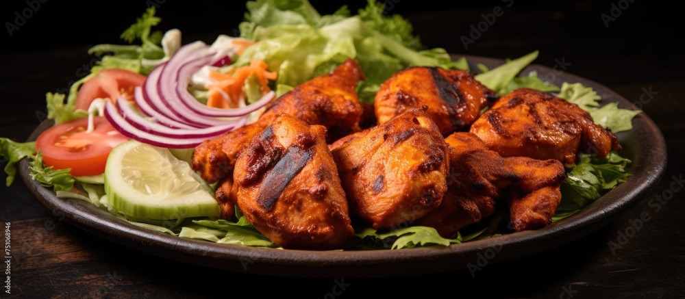 Sticker a close-up view of chicken tikka murgh tikka served with a side of fresh vegetables and salad on a w