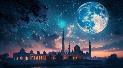 Fotobehang A grand mosque lit up by the full moon, with believers arriving for night prayers, their silhouettes forming a peaceful procession under the starry night sky. © Riz