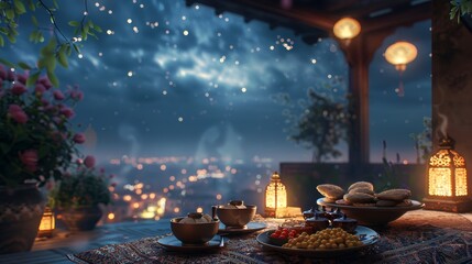 An early morning Suhoor scene on a rooftop, overlooking a sleeping city, with a small, cozy setup of traditional foods and tea, under a starry sky.