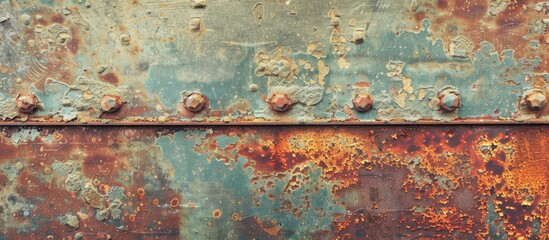 A weathered metal surface covered in rust with several rivets protruding from the battered iron sheet. The textured background shows signs of wear and tear, with a strip of paint adding contrast to