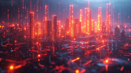 A futuristic cityscape with buildings made up of graphs and charts depicting the impact of revenue growth on different industries and sectors of the economy. The buildings - obrazy, fototapety, plakaty