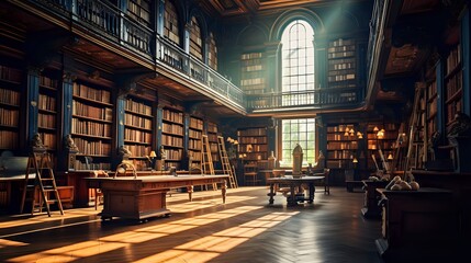 A large library with a high ceiling and many bookshelves.