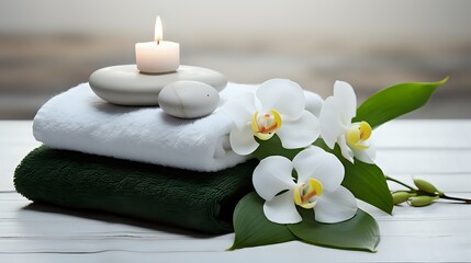 A white orchid flower and a lit candle on top