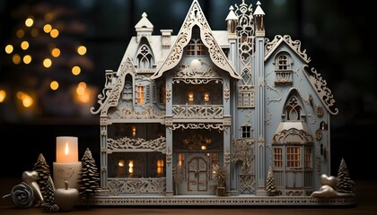 Christmas and New Year miniature house with candles on a wooden table.