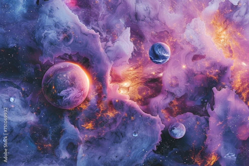 Wall mural cosmic elements like stars and planets embedded in marble textures, creating a surreal and ethereal 