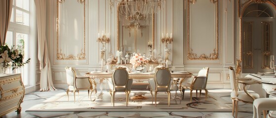 General view of luxury dining room with table and chairs - Powered by Adobe